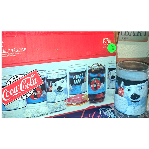 NIB- RARE & FUN! Set of 8 Polar Bear Coca-Cola Large Drinking Glasses in Box - Picture 1 of 4